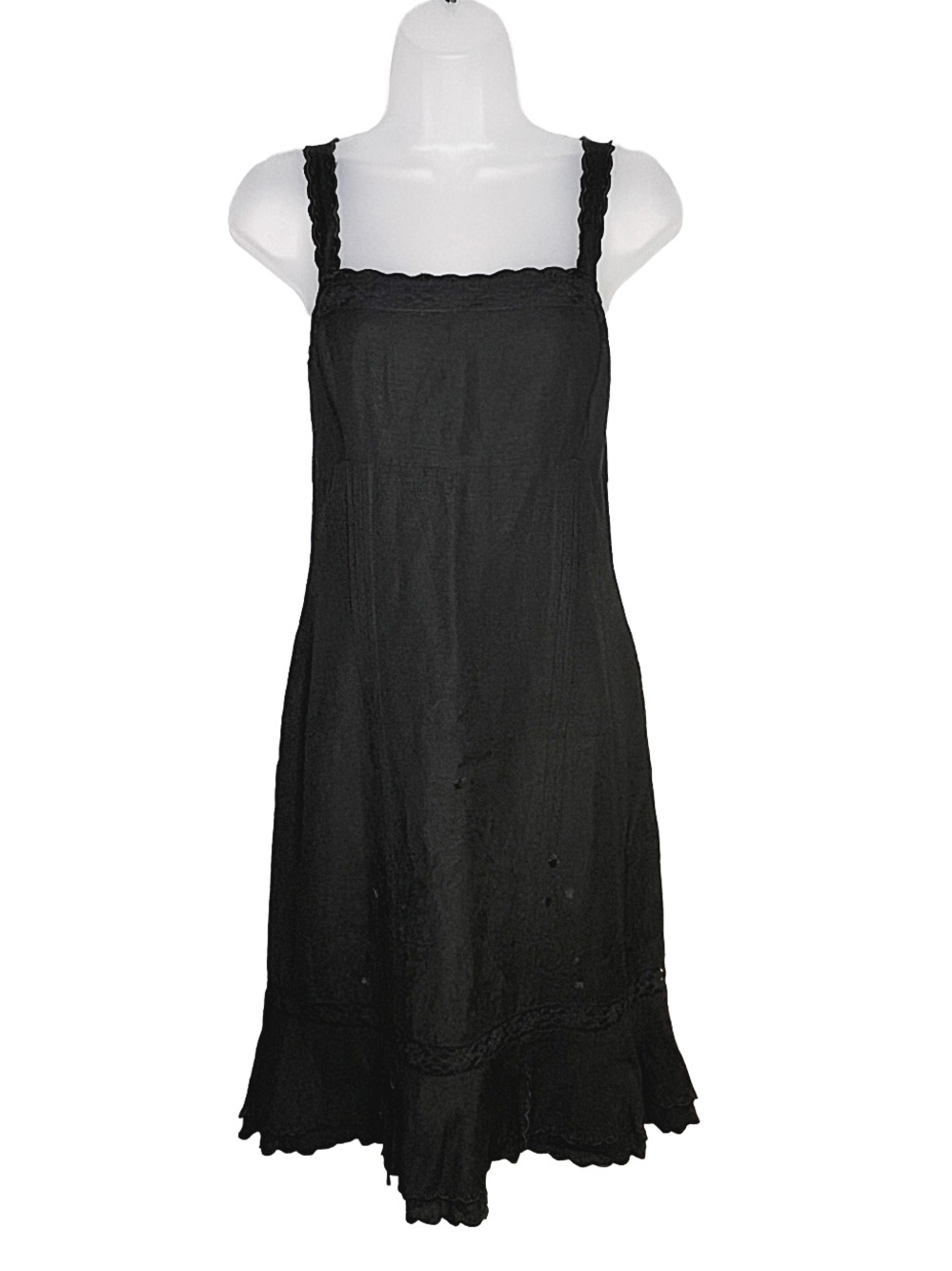 Black Linen Blend Sundress with Lace Straps Embroidered Hem Womens 8